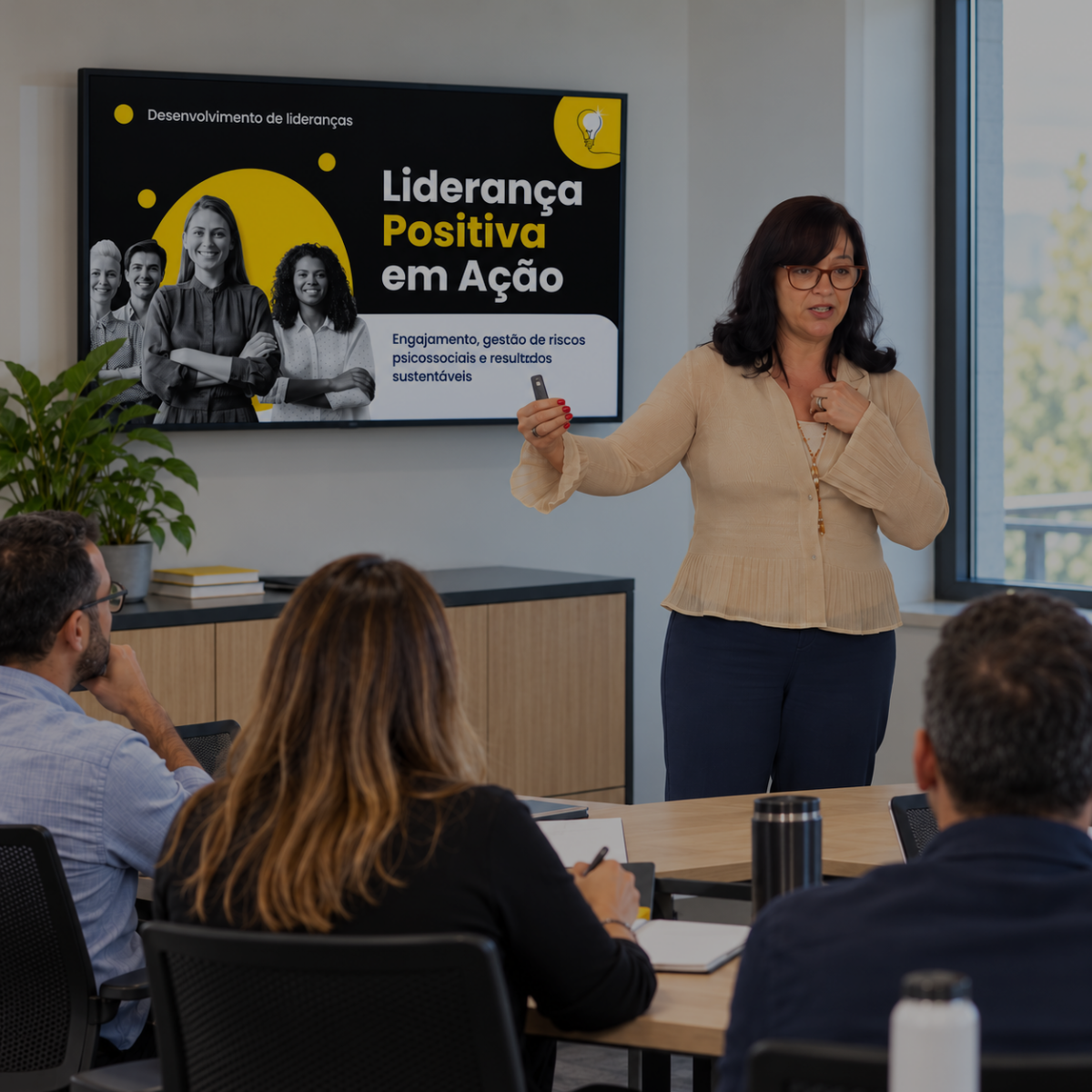 Imagem ilustrativa de Ana Lucia Rodrigues em uma apresentação sobre liderança positiva e desenvolvimento de lideranças.